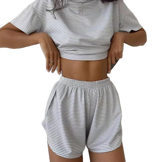 Damen lässiges Crop-Top und Short-Set mit gestreiftem Muster EB