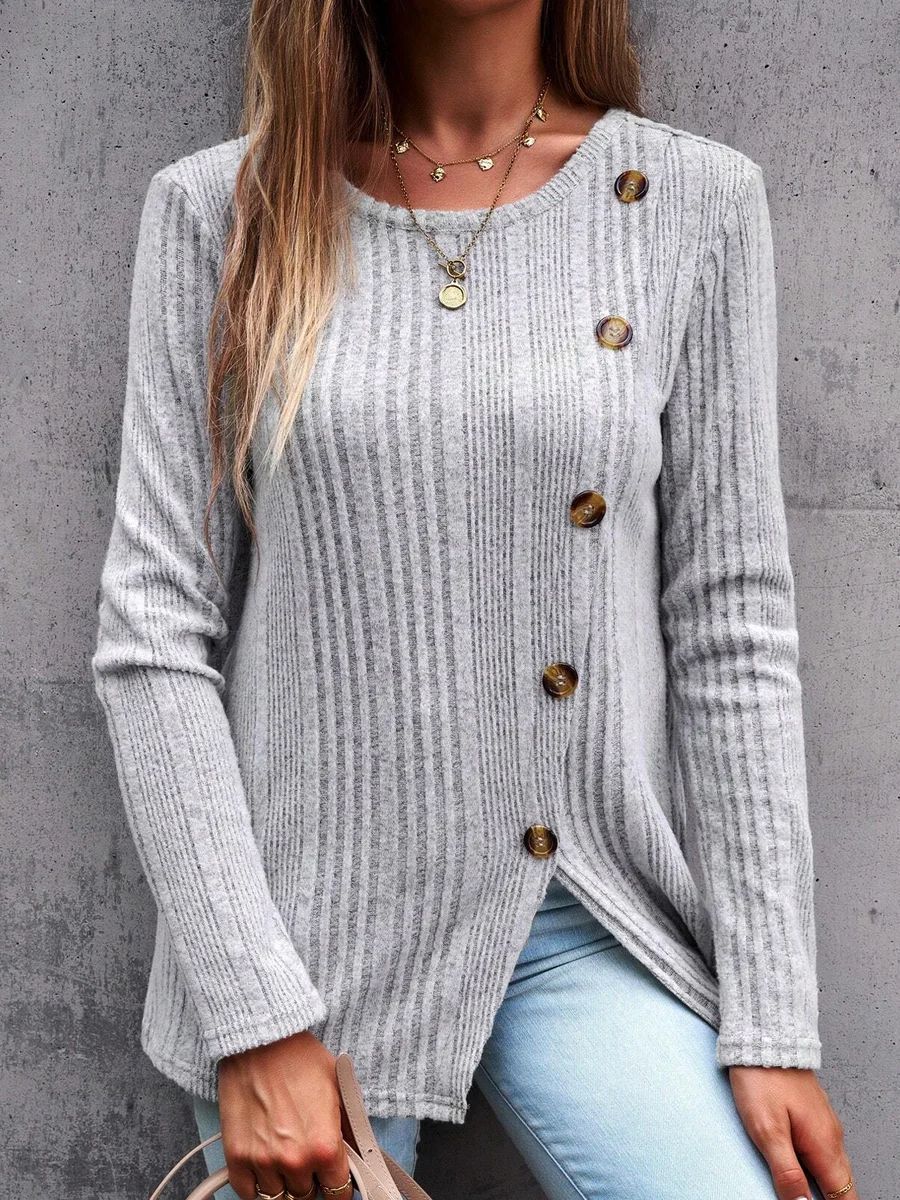 Damen Langärmliges Strickoberteil mit strukturierten Rippen und Knopfdetails EB