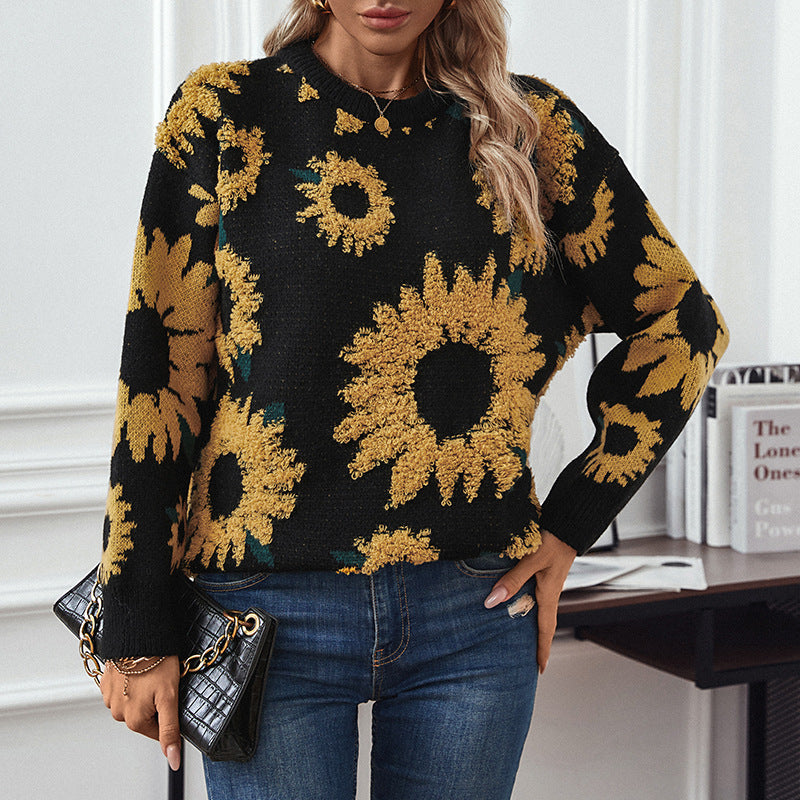 Damen kuscheliger Pullover mit Sonnenblumenmotiv EB
