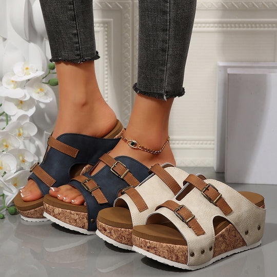 Damen modische Clogs mit Korksohle und dekorativen Schnallen EB