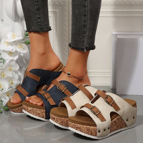 Damen modische Clogs mit Korksohle und dekorativen Schnallen EB