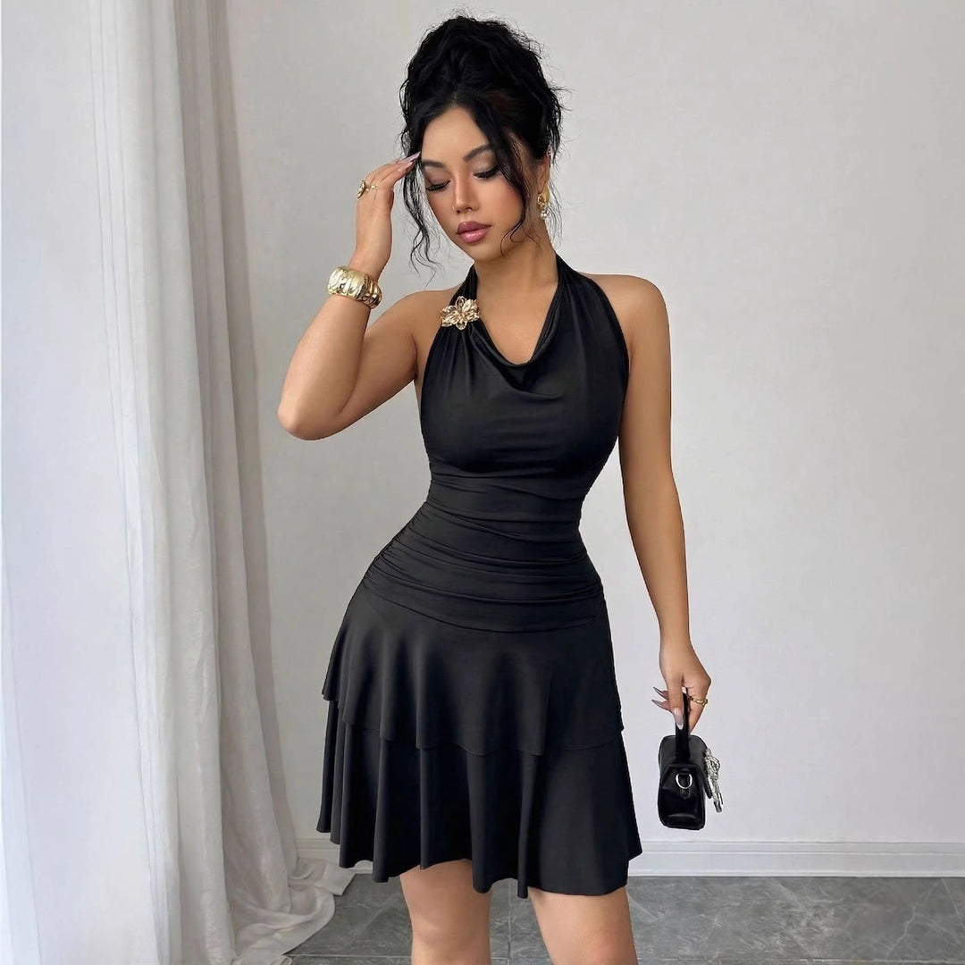 Damen nan Halter-Midikleid mit Wasserfall-Ausschnitt, taillierter Raffung und stufenweisem Volantrock EB