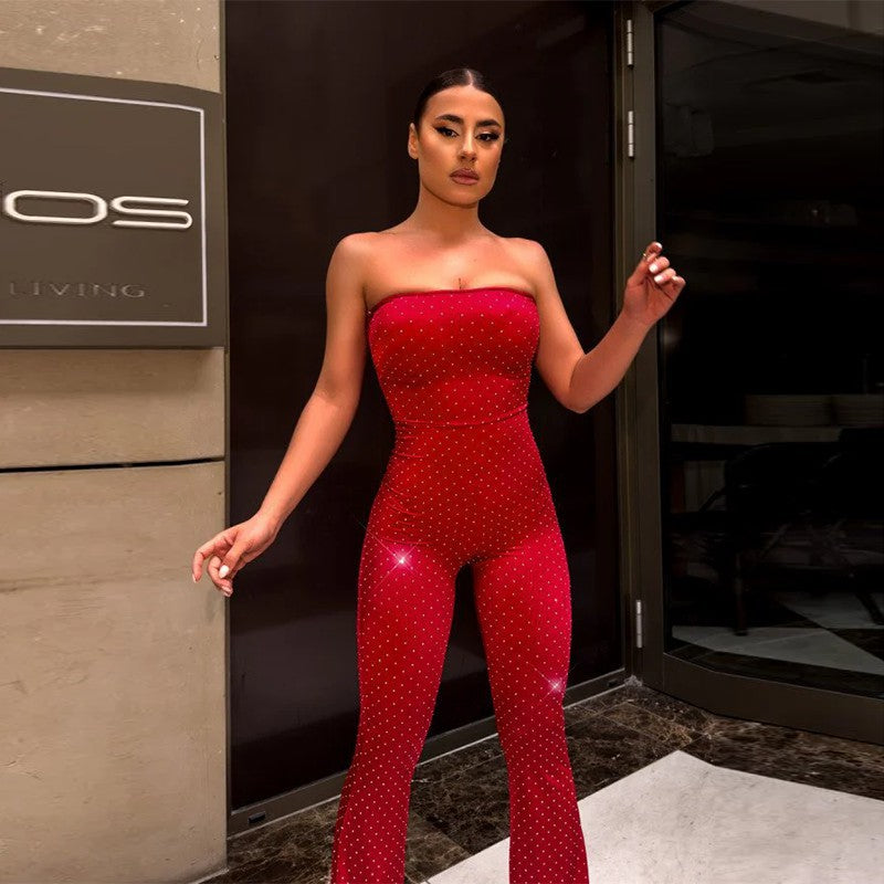 Damen Eleganter und figurbetonter Jumpsuit mit schimmernden Applikationen EB