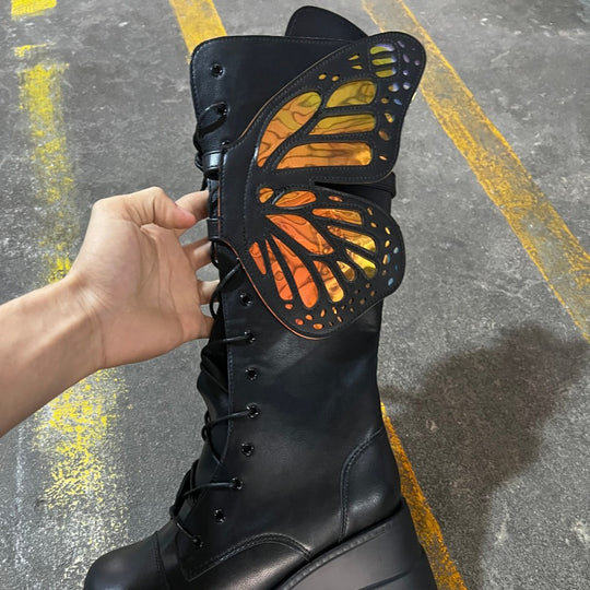 Damen Schnürstiefel mit modischem Schmetterlingsdesign und hohem Plateau EB