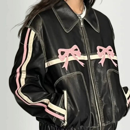 Damen lässige Kunstlederjacke mit verspielten Schleifendetails EB