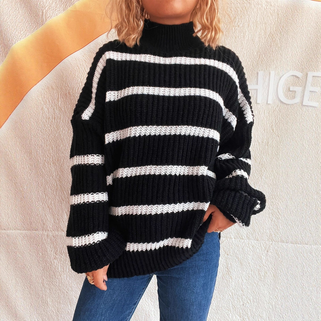 Damen Strickpullover mit hohem Kragen und modischem Streifenmuster EB