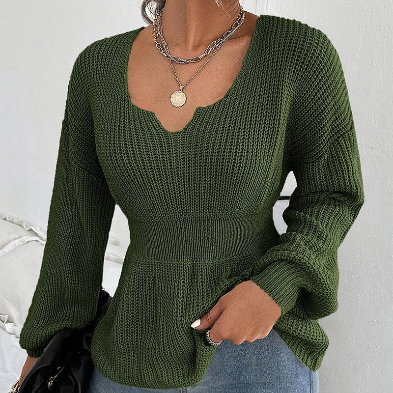 Damen lässiger Strickpullover mit tiefem V-Ausschnitt und Rippstruktur EB
