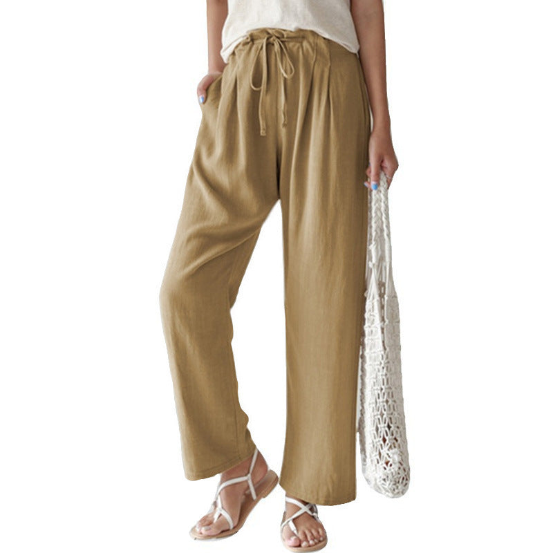 Damen nan lässige Leinenhose mit weitem Bein, elastischem Bund und Seitentaschen EB