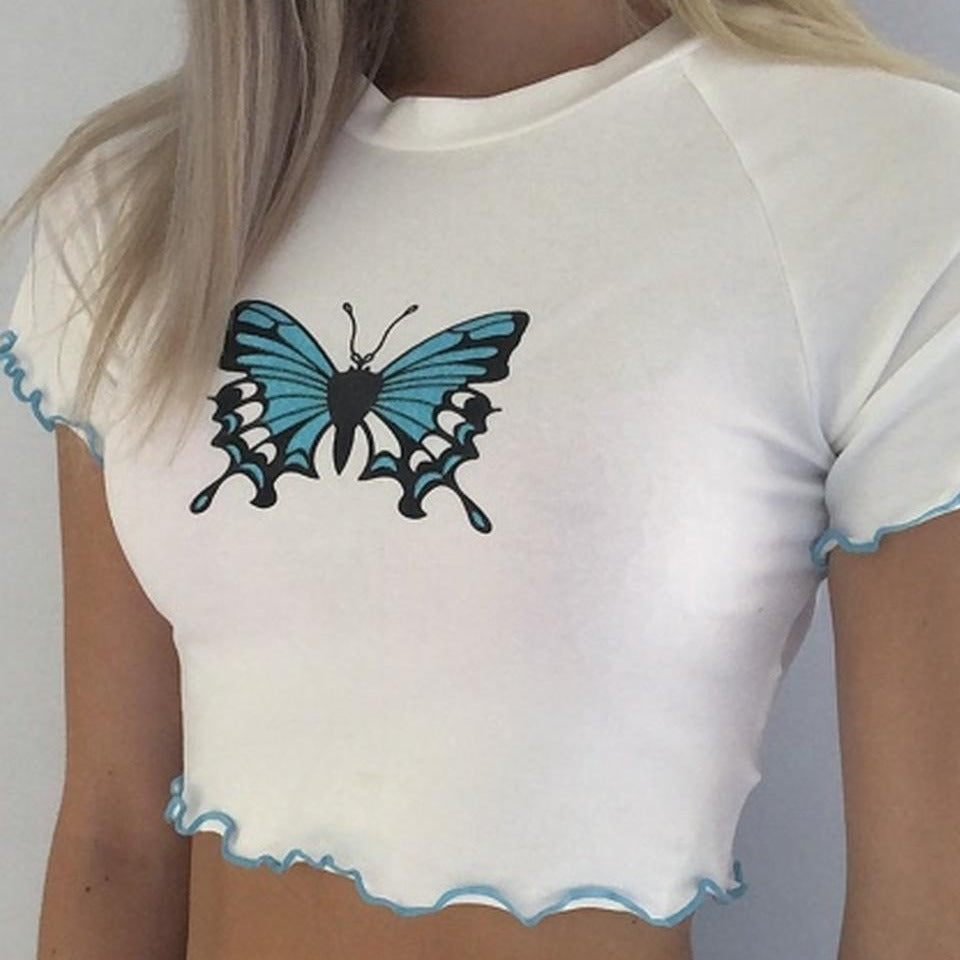 Damen Crop-Top mit kreativem Schmetterlingsdruck und gewelltem Saum EB