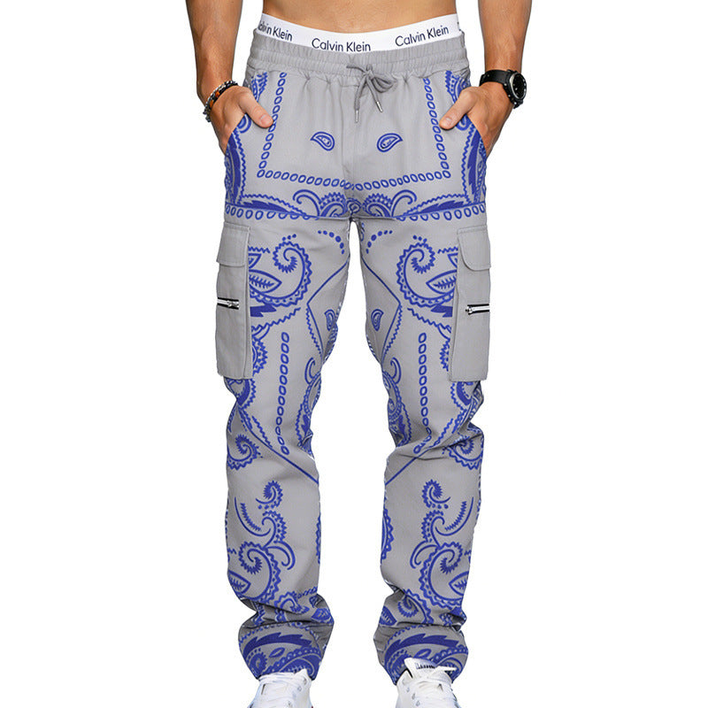 Herren Cargo-Hose mit Bandana-Print, elastischem Bund und Zipper-Taschen EB