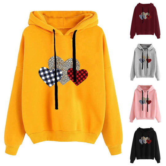 Damen nan lässiger Oversize Kapuzenpullover mit Herz‑und‑Pfotenprint, Kordelzug und gerippten Bündchen EB