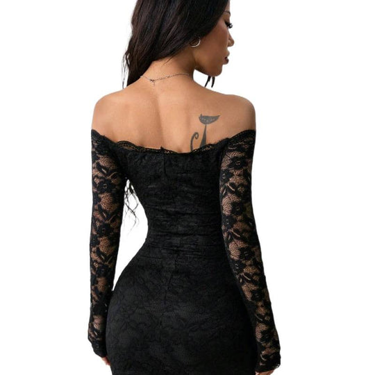 Damen Spitzenkleid mit schulterfreiem Design und langen Ärmeln EB