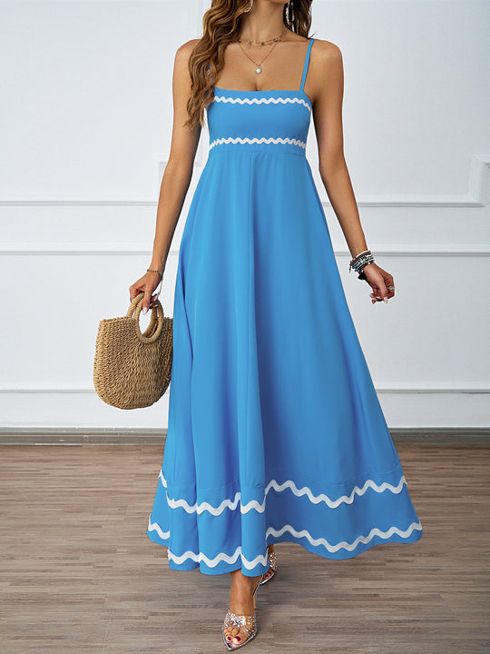Damen Lange Maxi-Kleid mit Spaghetti-Trägern und dekorativem Saum EB