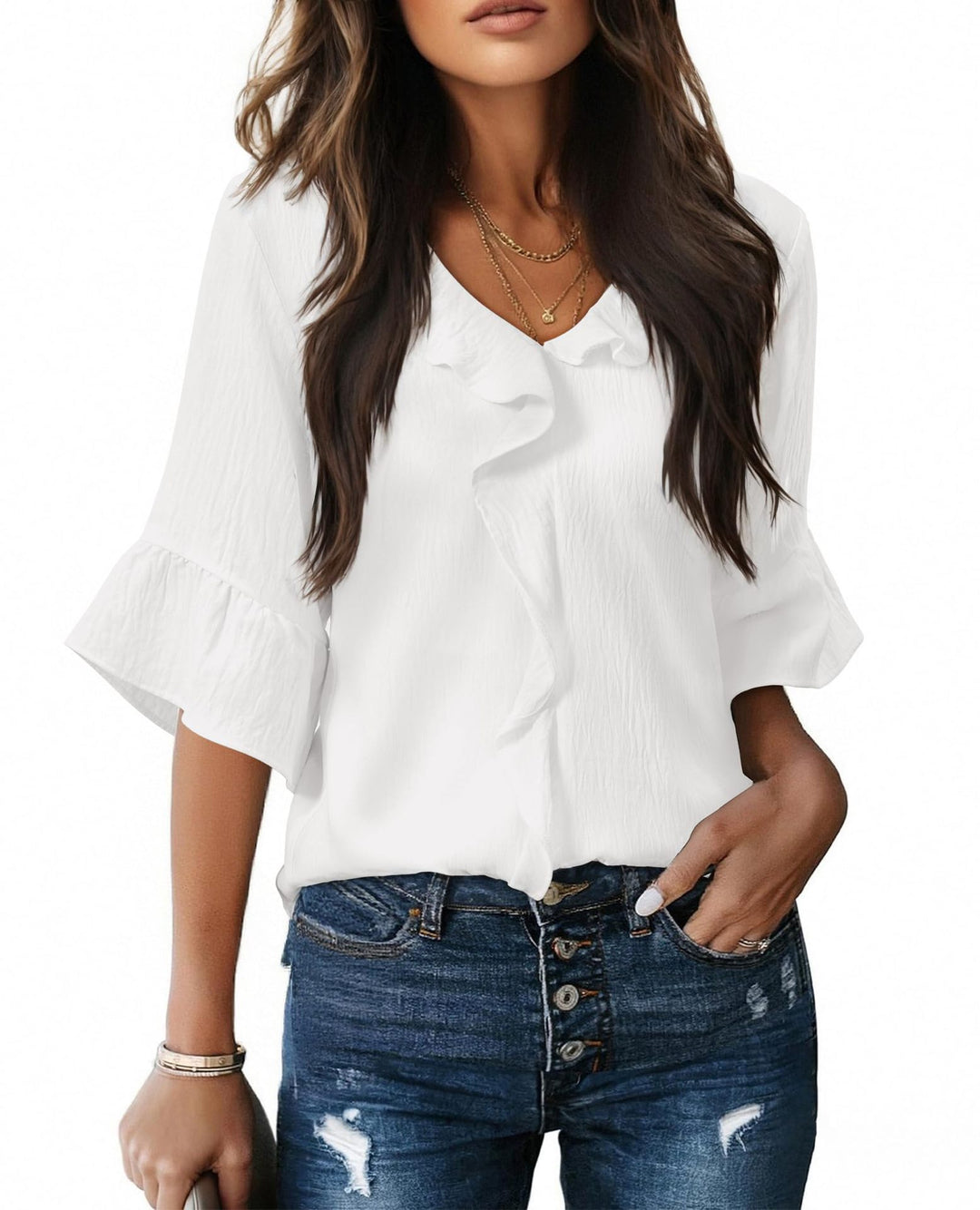 Damen Luftiges Blusenshirt mit Rüschendetails und V-Ausschnitt EB