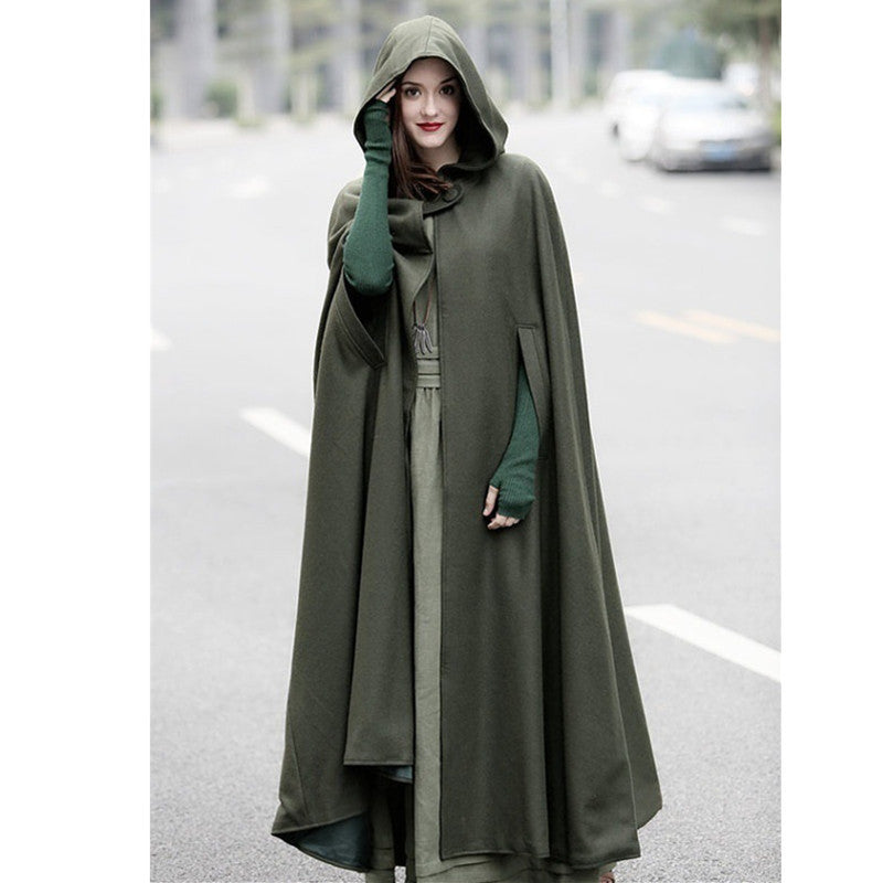 Damen Wickelponcho mit Kapuze und seitlichen Taschen EB