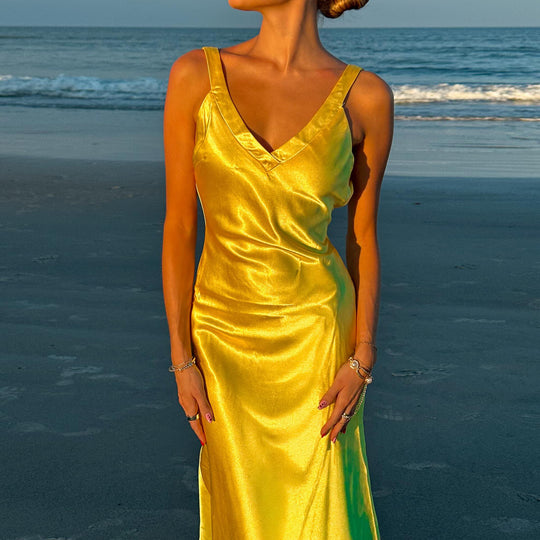 Damen Sommerliches Maxikleid mit elegantem V-Ausschnitt und fließender Silhouette EB