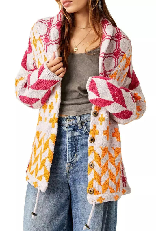 Damen Oversized Strickjacke mit Schalkragen und grafischem Muster EB