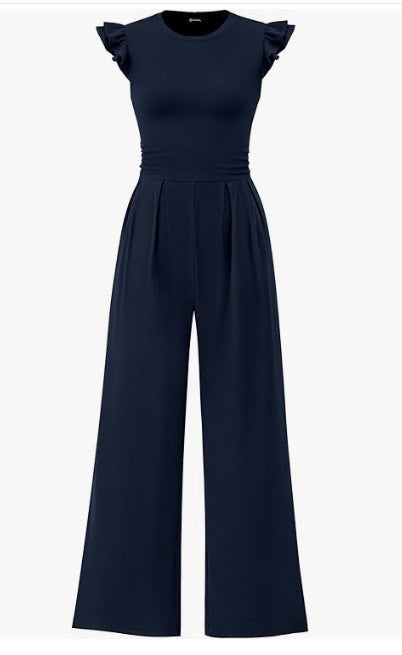 Damen eleganter Jumpsuit mit Puffärmeln und weitem Bein EB