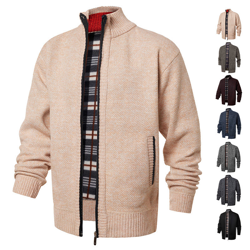 Herren gebürstete Strickjacke mit kariertem Thermofutter und Stehkragen EB