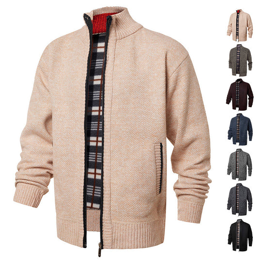 Herren gebürstete Strickjacke mit kariertem Thermofutter und Stehkragen EB