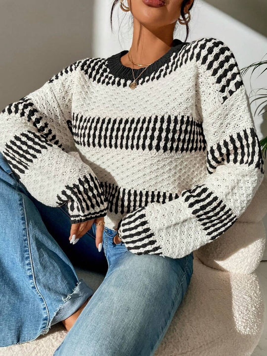 Damen Strickpullover mit strukturierter Oberfläche und modischen Streifen EB