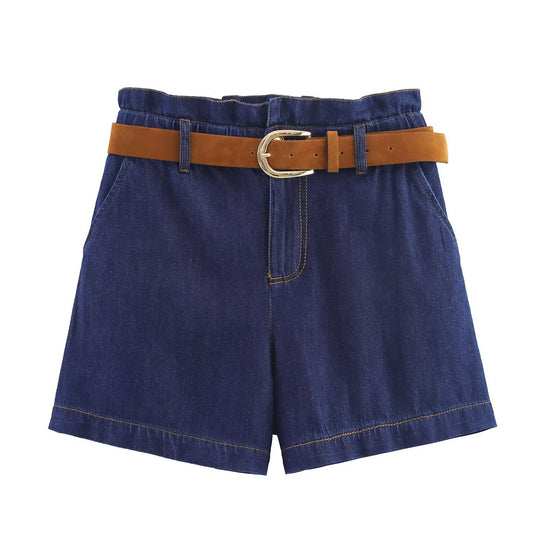Damen Denim-Shorts mit hochwertigem Ledergürtel und elastischem Bund EB