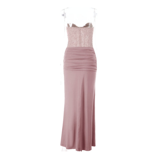 Damen schickes Maxikleid mit elegantem Bustier-Oberteil und gerafftem Rock EB