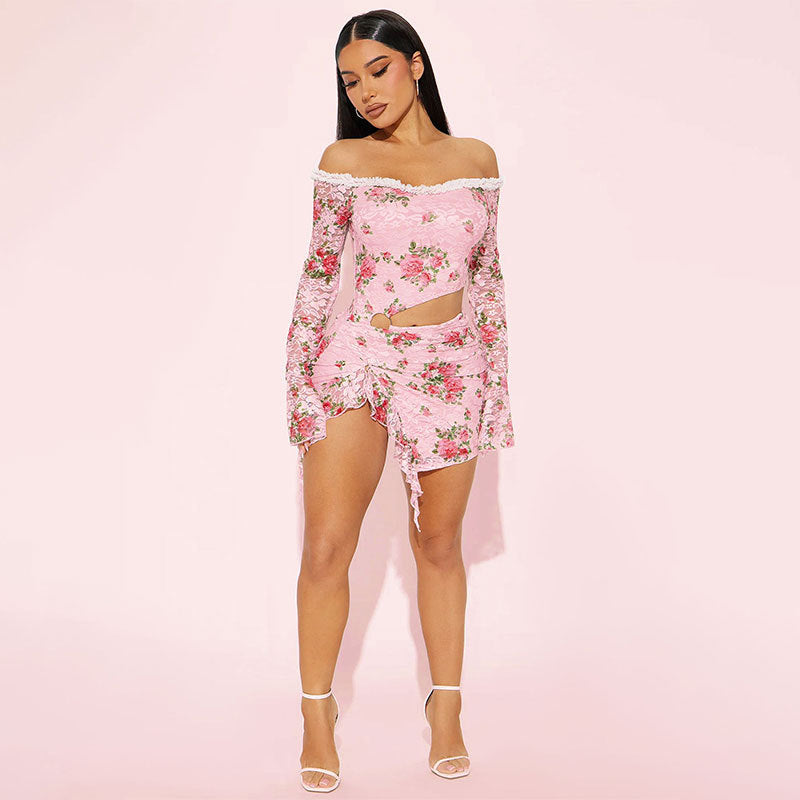 Damen Off-Shoulder Blusenkleid mit floralen Akzenten und asymmetrischem Design EB