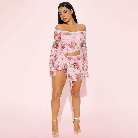 Damen Off-Shoulder Blusenkleid mit floralen Akzenten und asymmetrischem Design EB