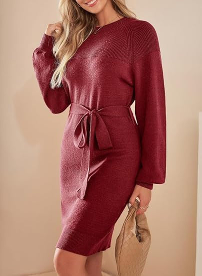 Damen Strickkleid mit Taillengürtel und langen Ärmeln EB