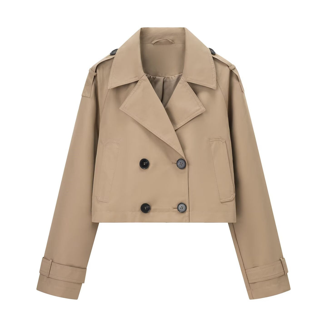 Damen nan kurze taillierte Doppelreiher-Trenchjacke im Boxy-Cropped-Schnitt mit Schulterpatten und verstellbaren Manschetten EB