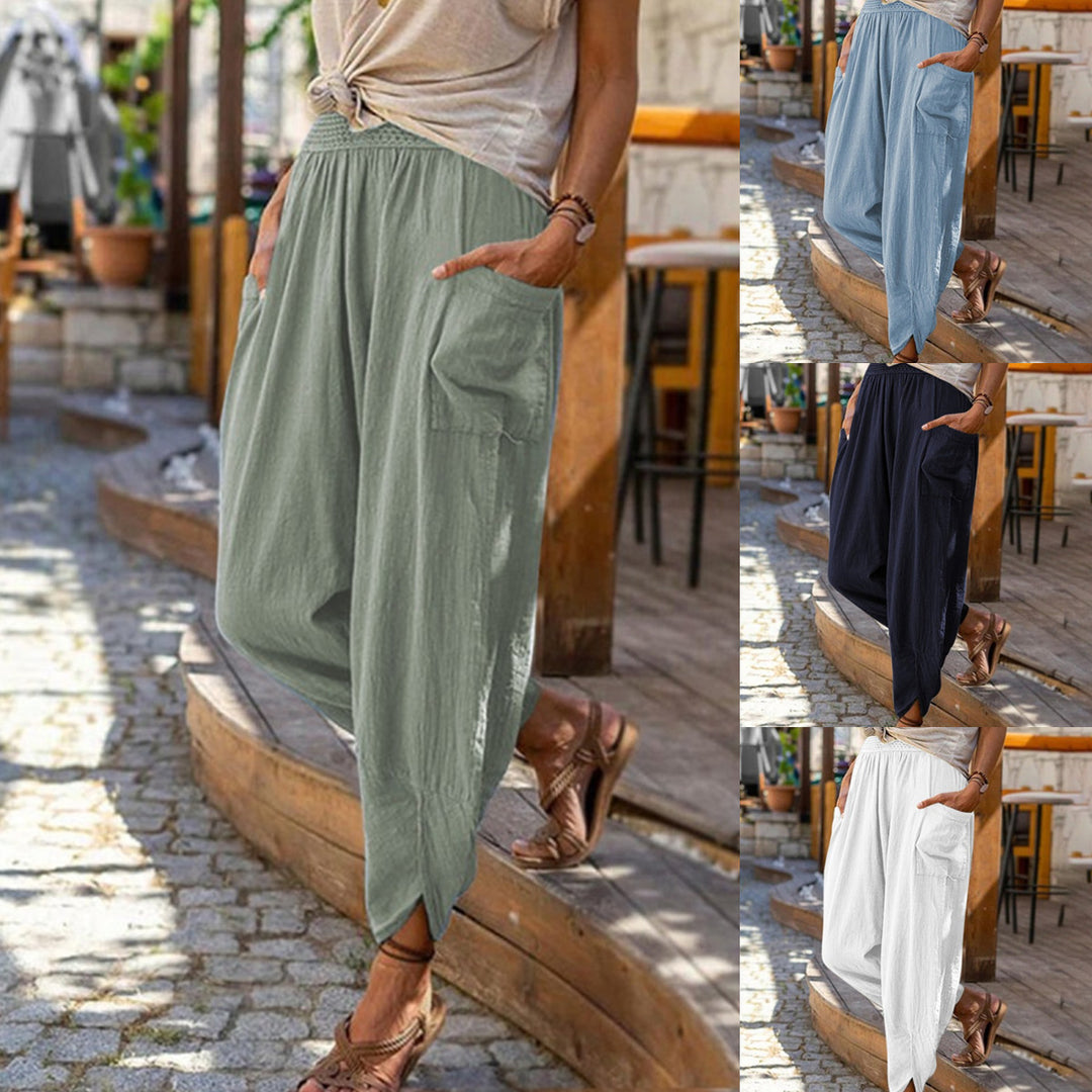 Damen nan lässige Haremshose mit elastischem Smockbund, aufgesetzten Taschen und gerafftem Knöchelabschluss EB