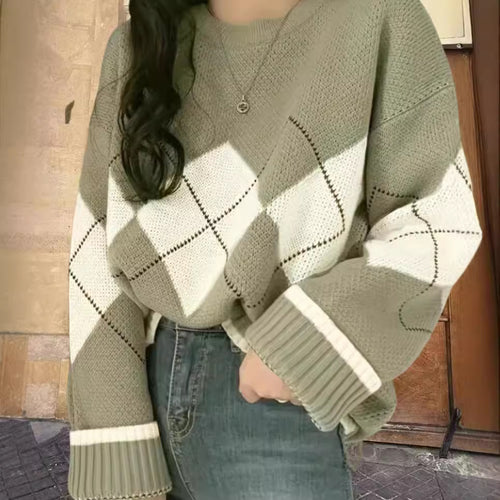Damen Grobstrickpullover mit modernen Rautenmustern und weitem Schnitt EB