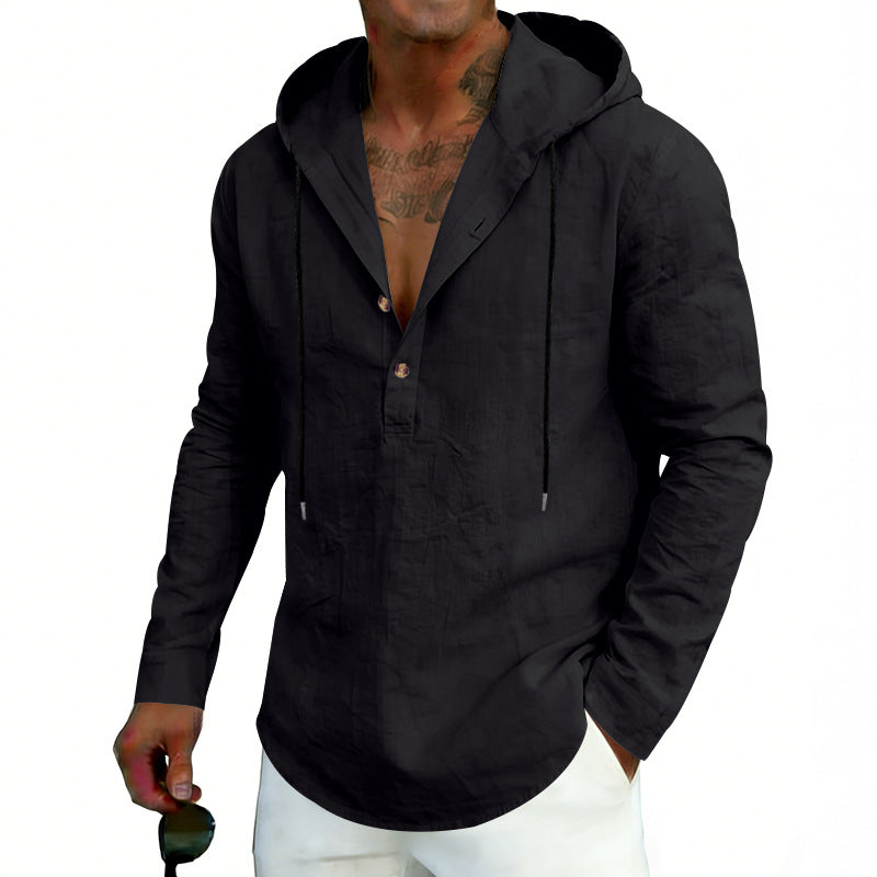 Herren nan Leinen-Henley-Kapuzenhemd mit kurzer Knopfleiste, Kapuze und relaxtem Schnitt EB