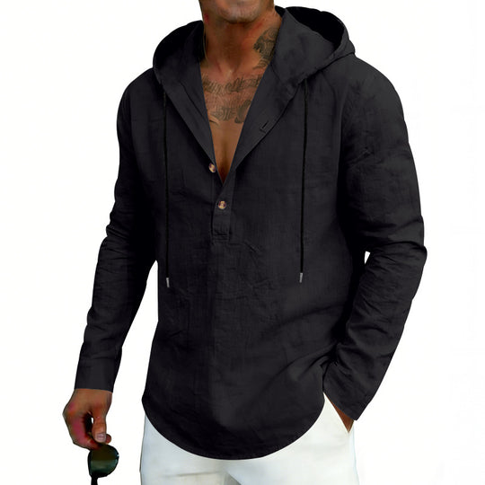Herren nan Leinen-Henley-Kapuzenhemd mit kurzer Knopfleiste, Kapuze und relaxtem Schnitt EB