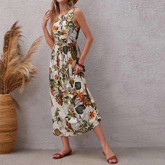 Damen Maxikleid mit floralen Mustern und Taillengürtel EB