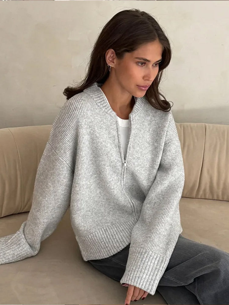 Damen lässige Strickjacke mit hohem Kragen und Reißverschluss EB