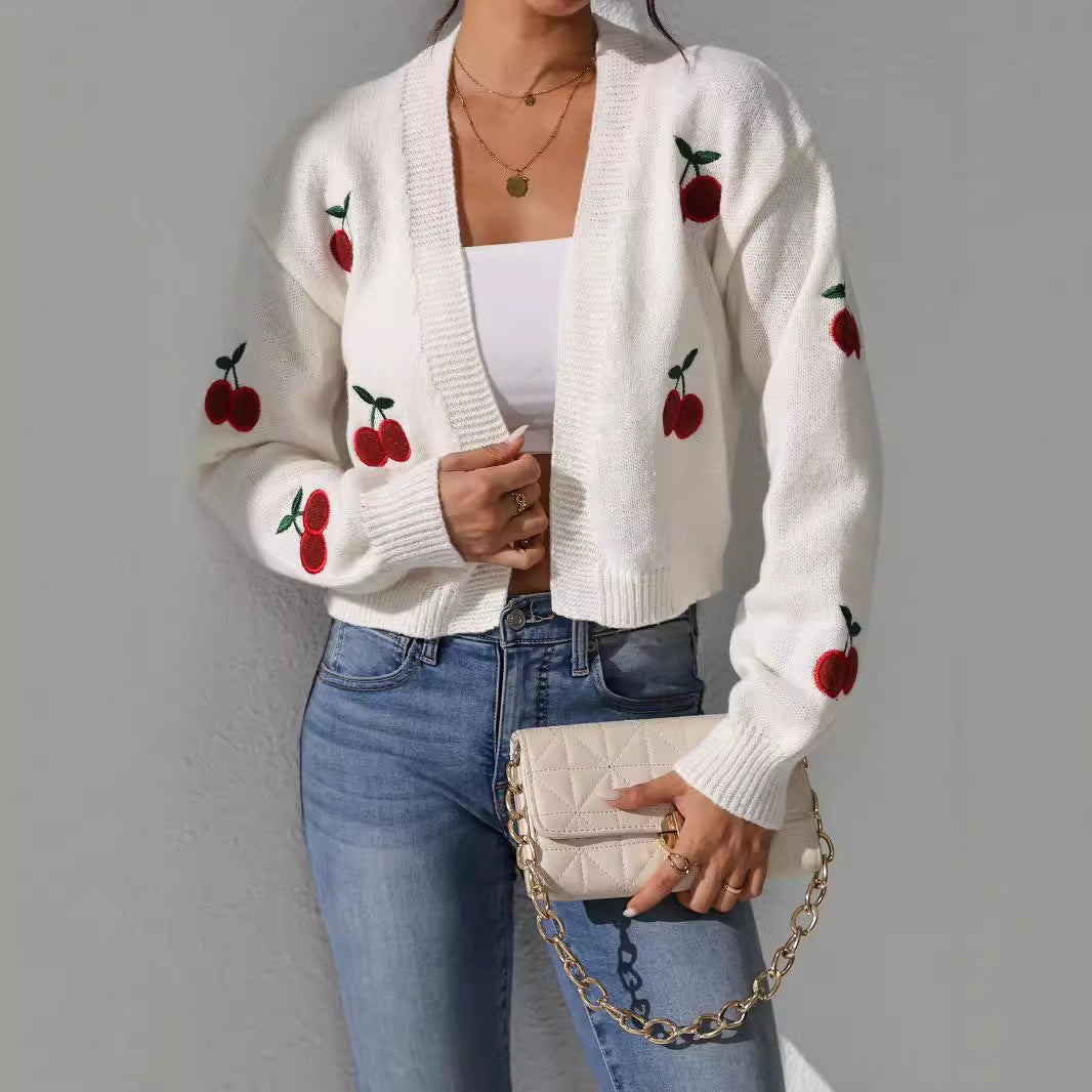 Damen Kurze Strickjacke mit fruchtiger Stickerei EB