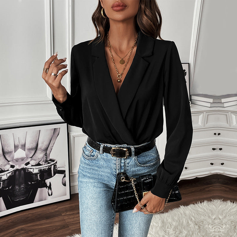 Damen Bluse mit modernem Wickeldesign und eleganten Puffärmeln EB