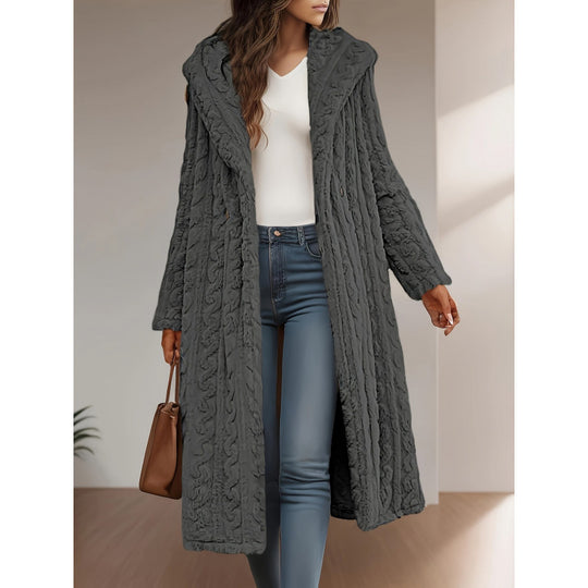 Damen Strickmantel mit Oversized-Kragen und originellen Zopfmuster EB