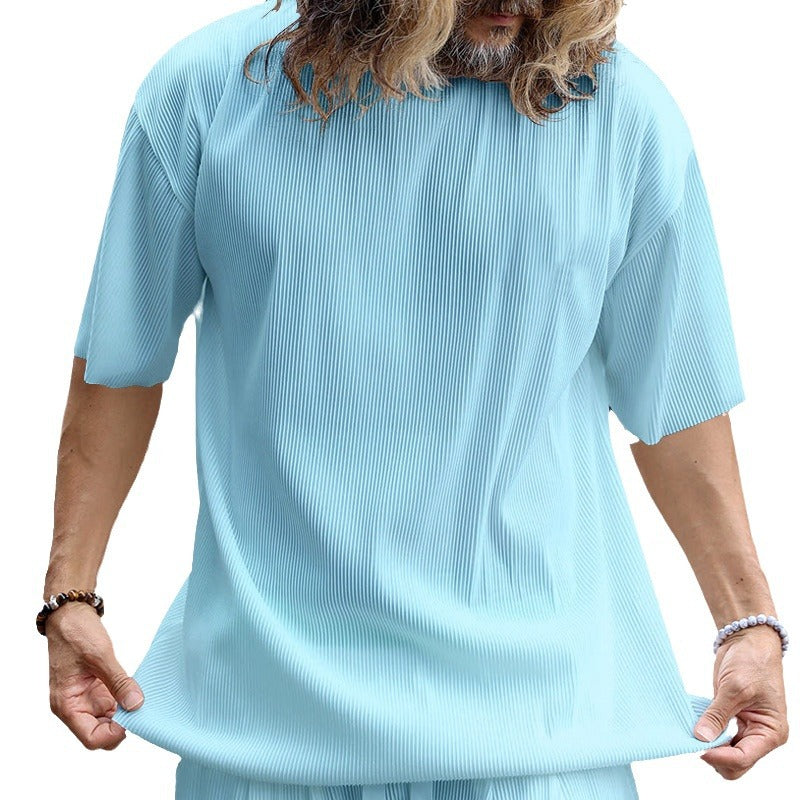 Herren nan modernes geripptes Freizeitset mit weitem Kurzarmshirt und elastischer Tunnelzughose EB