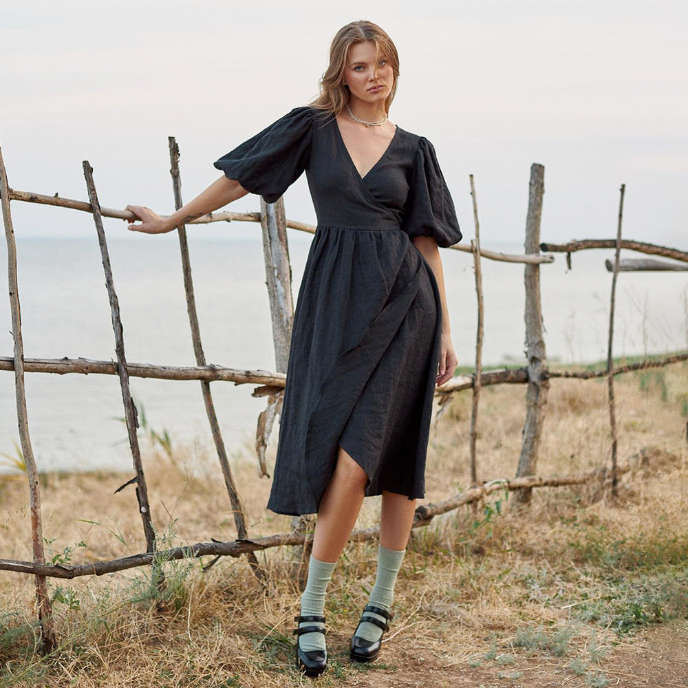 Damen Lässiges Leinenkleid mit Ballonärmeln und Tailliertem Gürtel EB