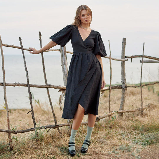 Damen Lässiges Leinenkleid mit Ballonärmeln und Tailliertem Gürtel EB