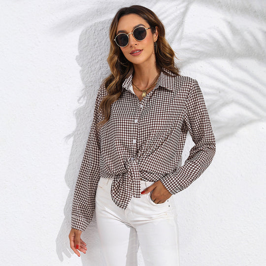 Damen nan geknotete Hahnentritt-Bluse mit Hemdkragen und durchgehender Knopfleiste EB