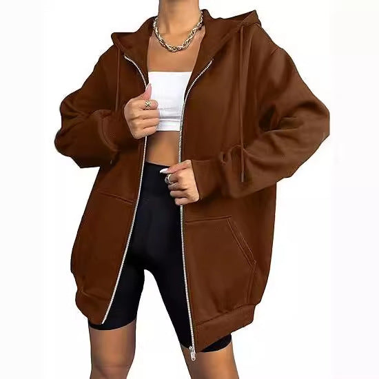 Damen nan oversized Zip-Kapuzenjacke mit kontrastierendem Reißverschluss, doppellagiger Kapuze und Kängurutasche EB