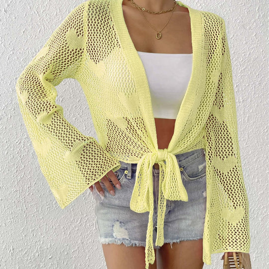 Damen luftiger Strick-Kimono mit offener Front und Kordelzug EB