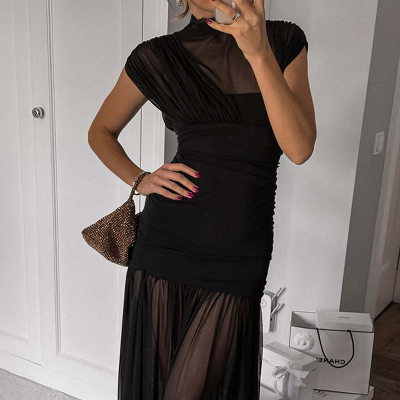 Damen Elegantes Maxikleid mit transparentem Oberteil und figurbetonendem Unterbau EB