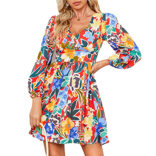 Damen Sommerliches Freizeitkleid mit voluminösen Ärmeln und floralen Mustern EB