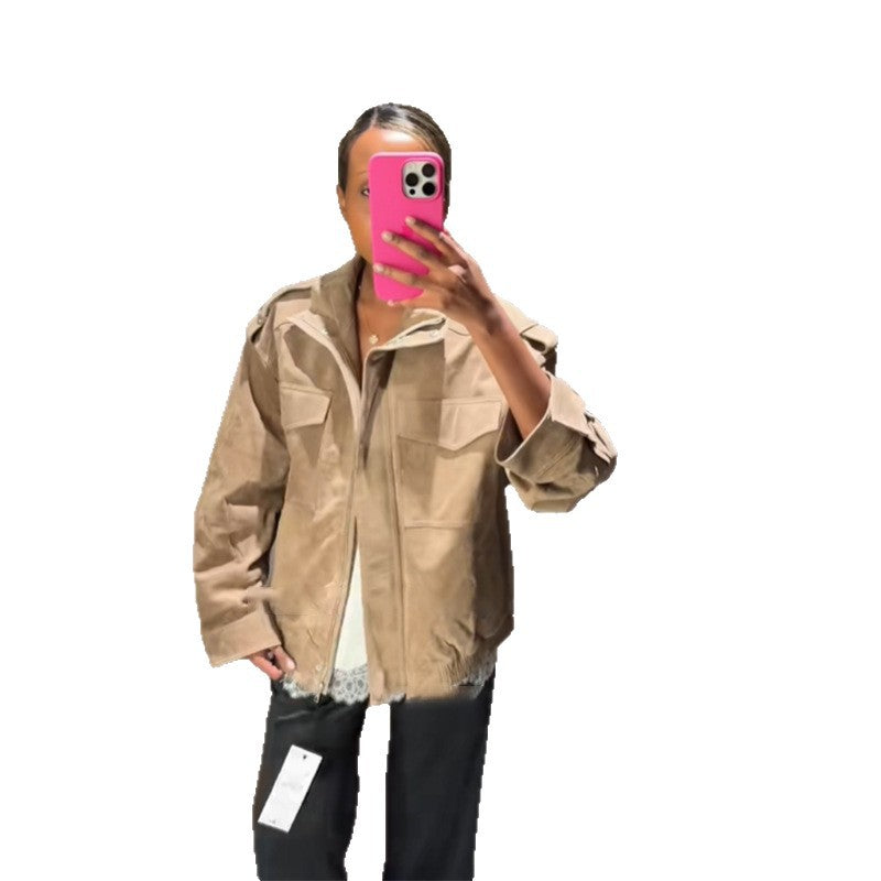 Damen Lässige Wildlederjacke mit praktischen Taschen und modernem Schnitt EB