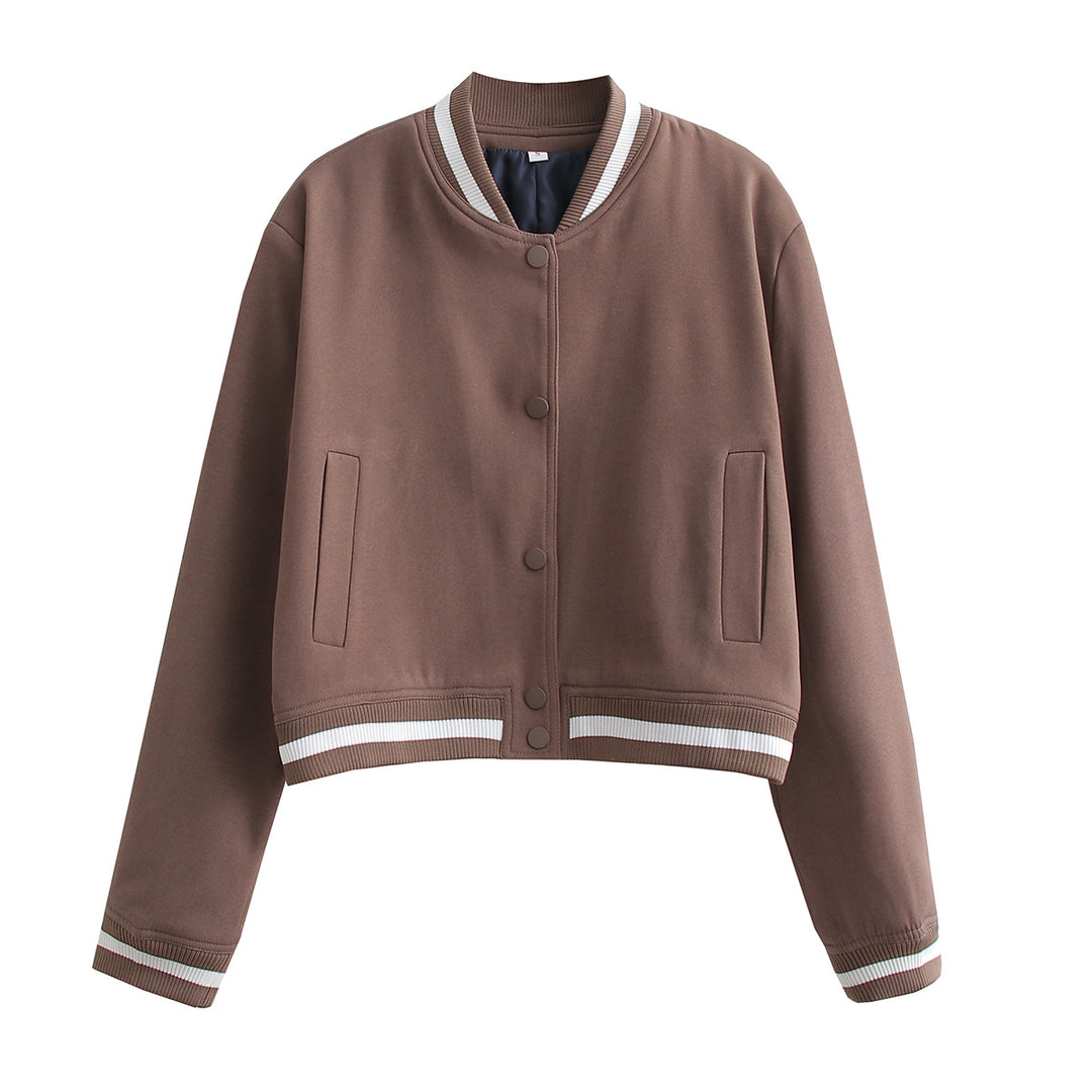 Damen Kurz geschnittene Collegejacke mit Rippbündchen und Druckknöpfen EB